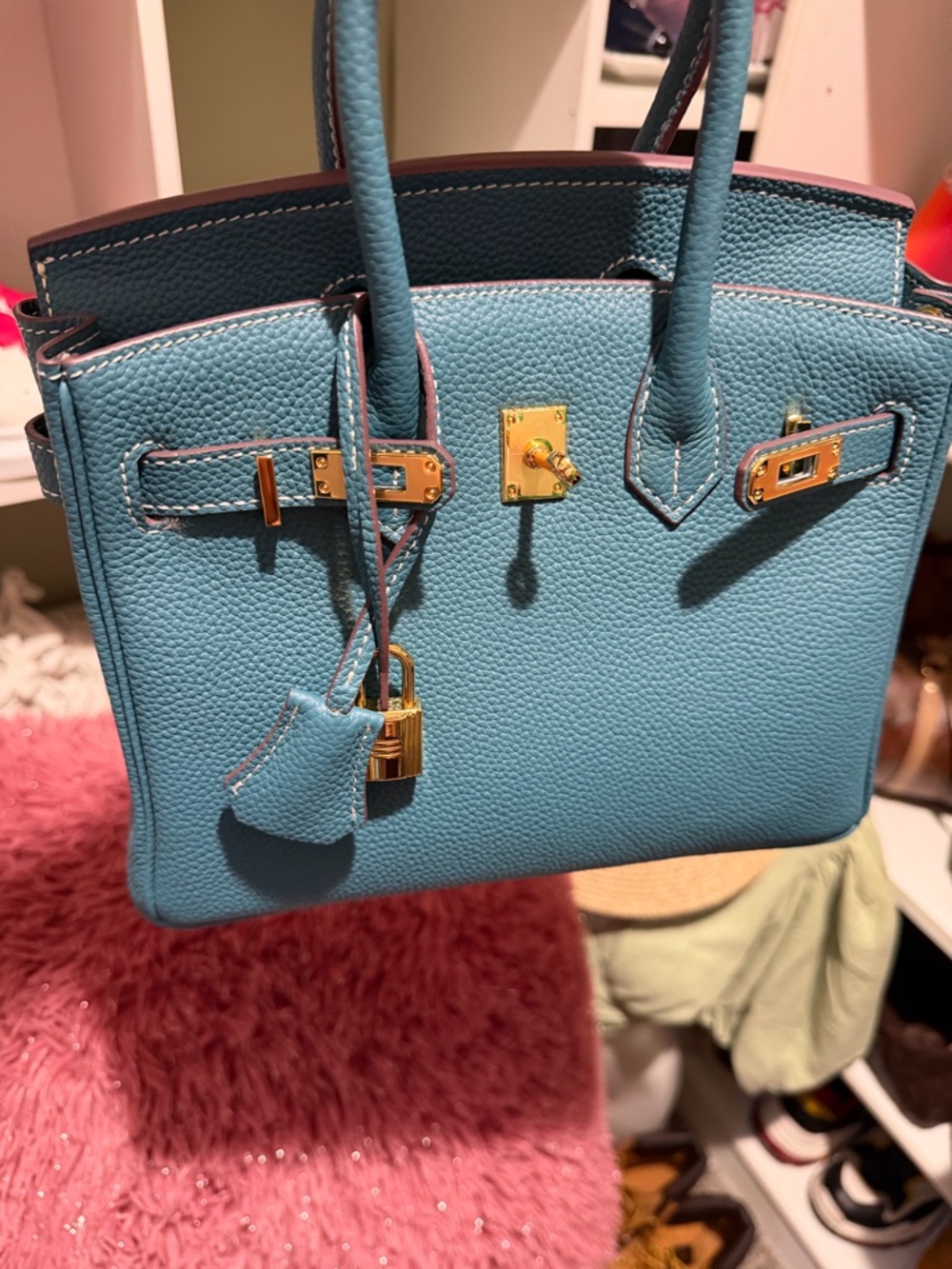 Structured Leather Tote Bag in Royal Blue with Gold Hardware - Picture 5 of 8